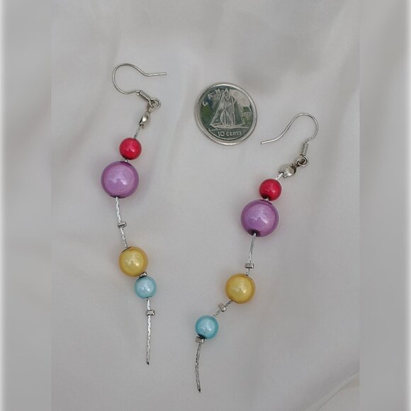 Stunning  red, purple, yellow, and light blue Glass Pearl Drop Earrings Dangle - Picture 4 of 4